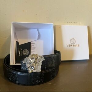 Versace Black Belt with Silver Medusa Buckle rhinestone gems